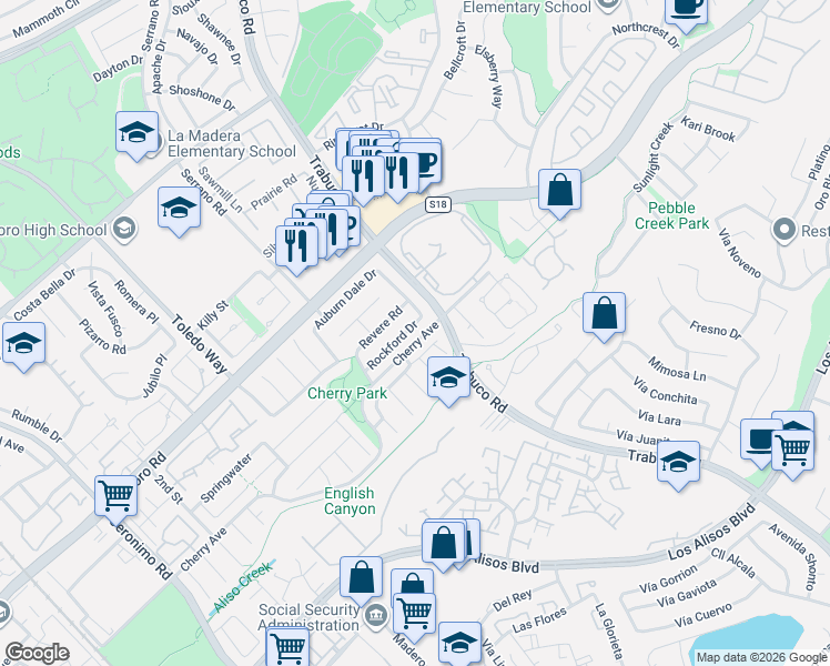 map of restaurants, bars, coffee shops, grocery stores, and more near 22622 Rockford Drive in Lake Forest