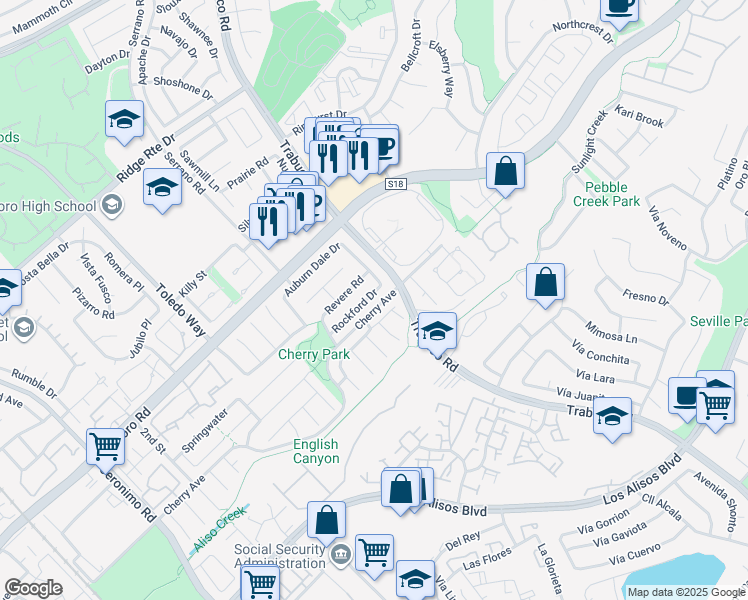 map of restaurants, bars, coffee shops, grocery stores, and more near 22622 Rockford Drive in Lake Forest