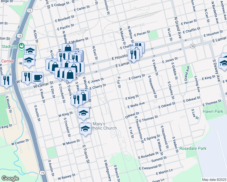 map of restaurants, bars, coffee shops, grocery stores, and more near 598 East Magnolia Street in Sherman