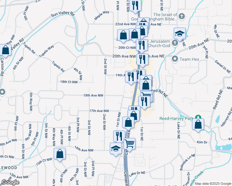 map of restaurants, bars, coffee shops, grocery stores, and more near 1806 1st Street Northwest in Center Point