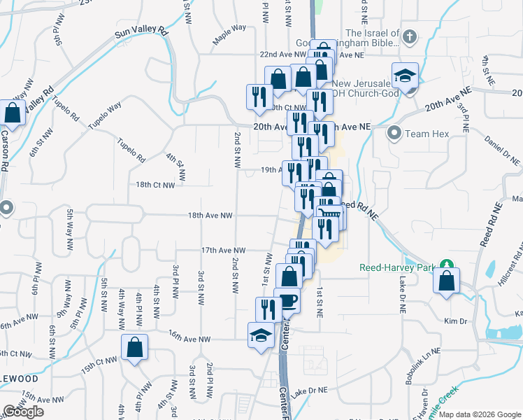 map of restaurants, bars, coffee shops, grocery stores, and more near 112 18th Avenue Northwest in Center Point