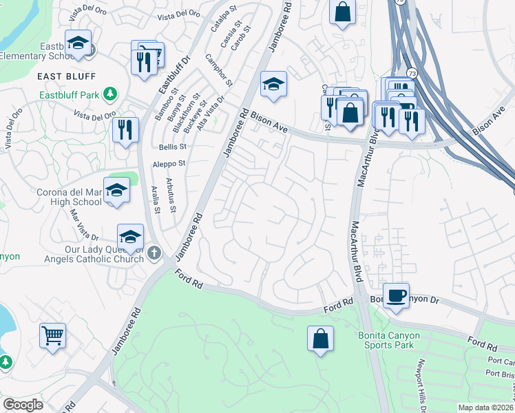 map of restaurants, bars, coffee shops, grocery stores, and more near 6 Maidstone Drive in Newport Beach