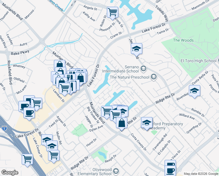 map of restaurants, bars, coffee shops, grocery stores, and more near 22652 Spring Lake Lane in Lake Forest