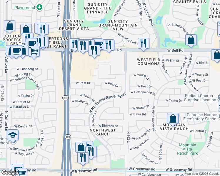 map of restaurants, bars, coffee shops, grocery stores, and more near 16387 West Post Drive in Surprise