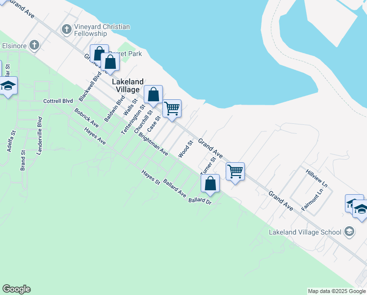 map of restaurants, bars, coffee shops, grocery stores, and more near 33087 Wood Street in Lake Elsinore