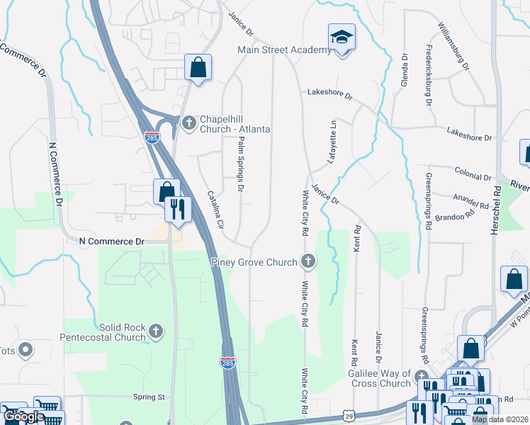 map of restaurants, bars, coffee shops, grocery stores, and more near 4458 Yates Road in College Park