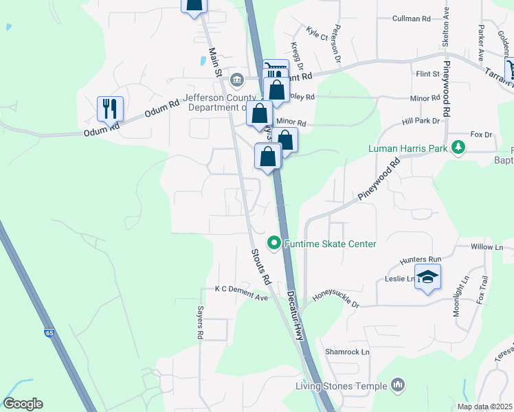 map of restaurants, bars, coffee shops, grocery stores, and more near 347 Jamestown Manor Drive in Gardendale