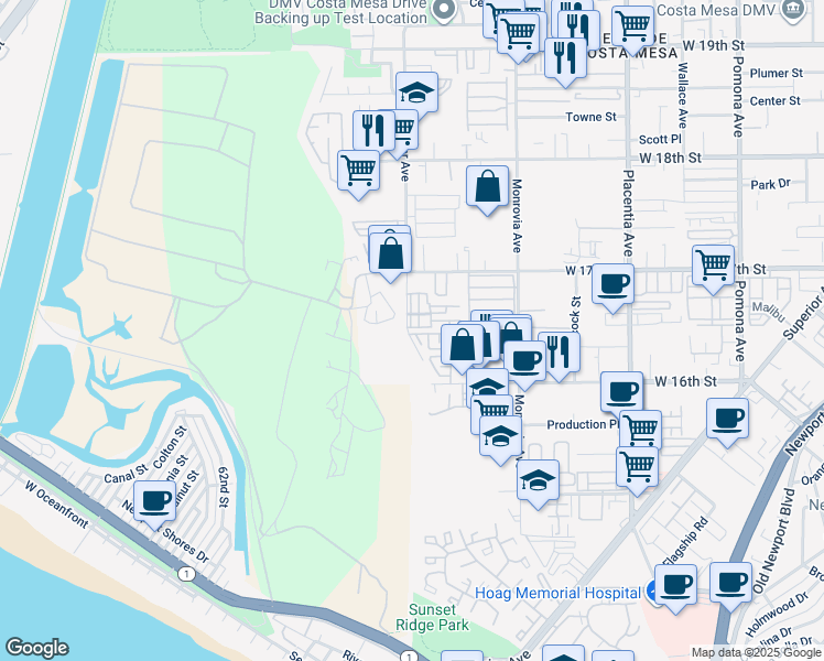 map of restaurants, bars, coffee shops, grocery stores, and more near 1068 Hampton Drive in Costa Mesa