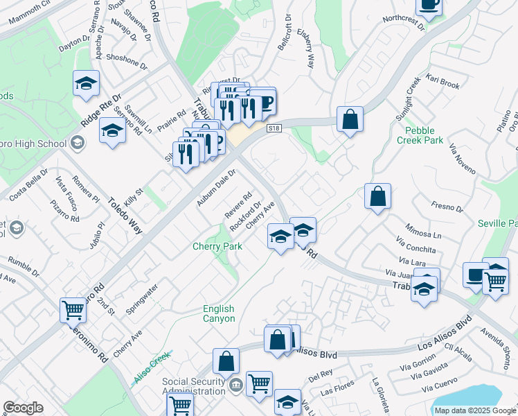 map of restaurants, bars, coffee shops, grocery stores, and more near 22622 Rockford Drive in Lake Forest