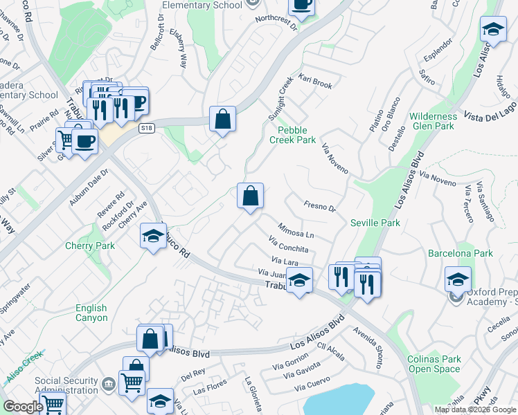 map of restaurants, bars, coffee shops, grocery stores, and more near 22582 La Vina Drive in Mission Viejo