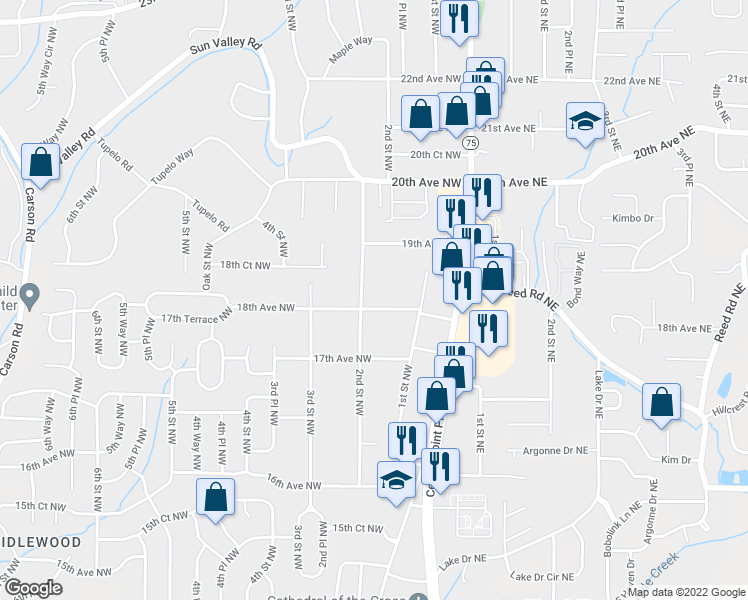 map of restaurants, bars, coffee shops, grocery stores, and more near 128 18th Avenue Northwest in Center Point