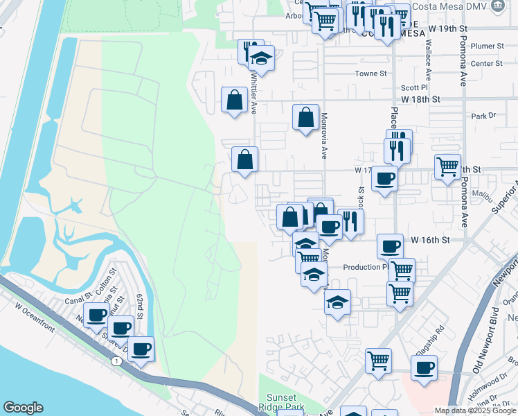 map of restaurants, bars, coffee shops, grocery stores, and more near 1068 Hampton Drive in Costa Mesa
