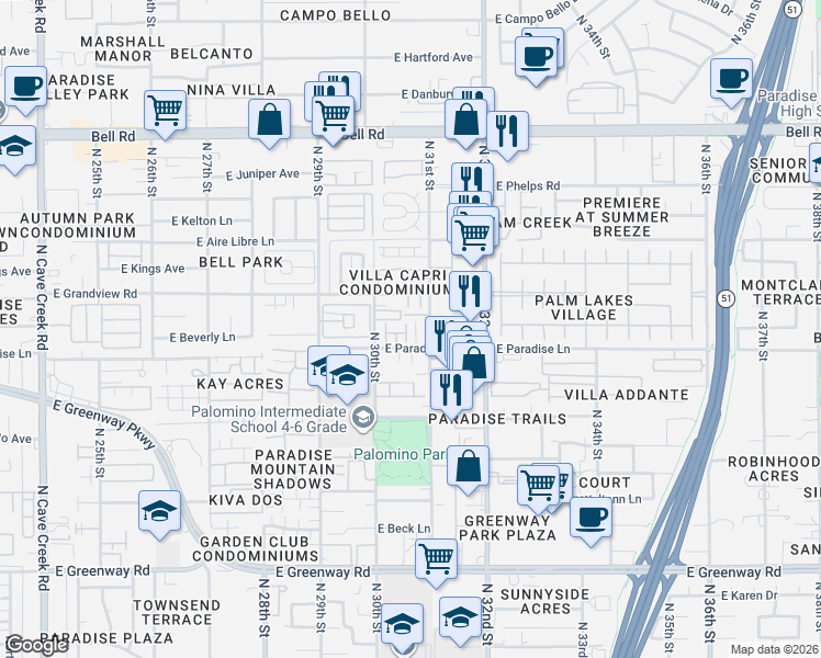 map of restaurants, bars, coffee shops, grocery stores, and more near 3050 Scully Drive in Phoenix