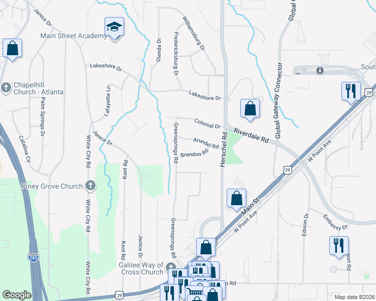 map of restaurants, bars, coffee shops, grocery stores, and more near 2644 Arundel Road in College Park