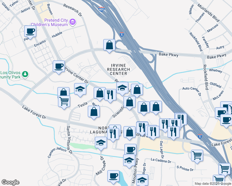 map of restaurants, bars, coffee shops, grocery stores, and more near 9630 Research Drive in Irvine