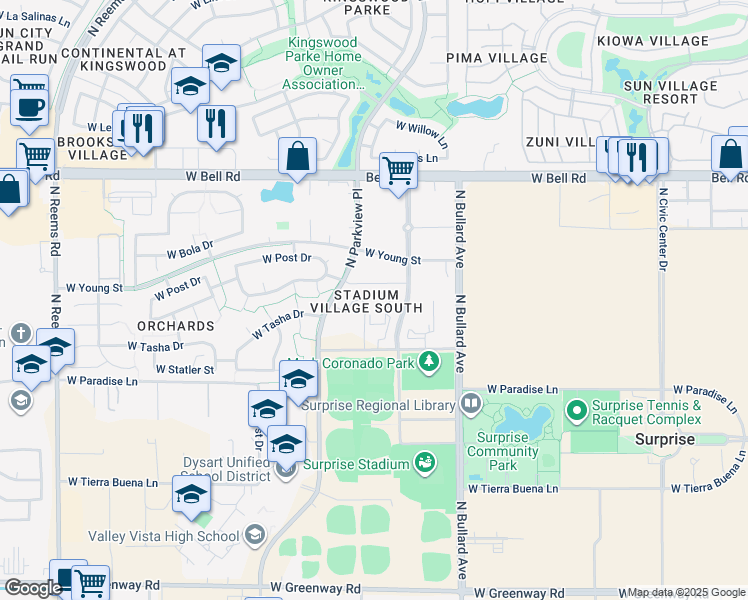 map of restaurants, bars, coffee shops, grocery stores, and more near 8 North Stadium Way in Surprise