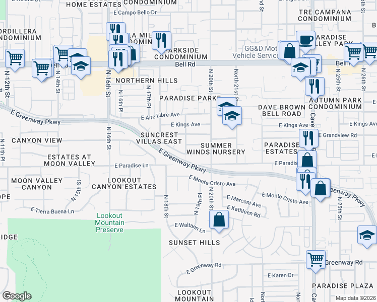 map of restaurants, bars, coffee shops, grocery stores, and more near 1913 East Grandview Road in Phoenix