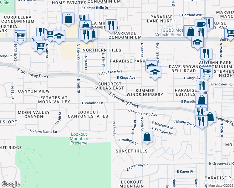 map of restaurants, bars, coffee shops, grocery stores, and more near 1832 East Sandra Terrace in Phoenix