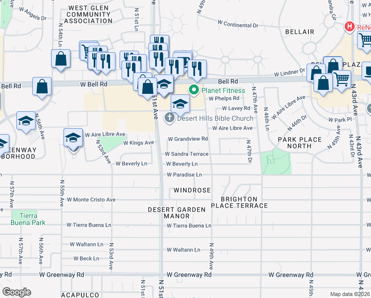 map of restaurants, bars, coffee shops, grocery stores, and more near 16414 North 50th Lane in Glendale