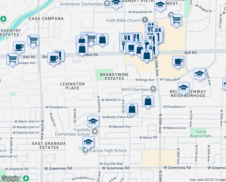 map of restaurants, bars, coffee shops, grocery stores, and more near 6213 West Grandview Road in Glendale