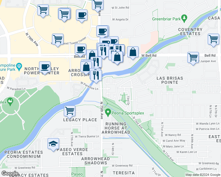map of restaurants, bars, coffee shops, grocery stores, and more near 7362 West Phelps Road in Peoria