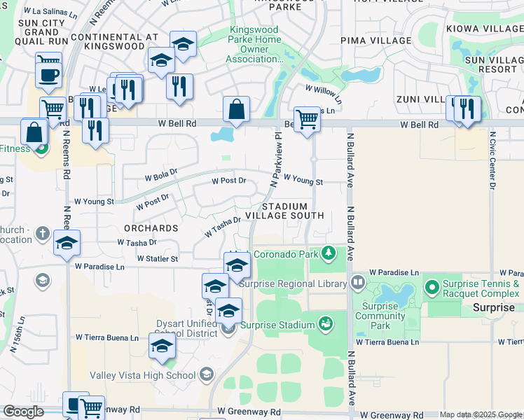 map of restaurants, bars, coffee shops, grocery stores, and more near 16561 North Parkview Place in Surprise