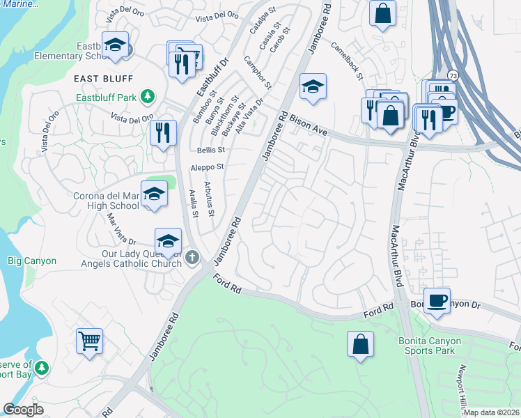 map of restaurants, bars, coffee shops, grocery stores, and more near 6 Turtle Bay Drive in Newport Beach