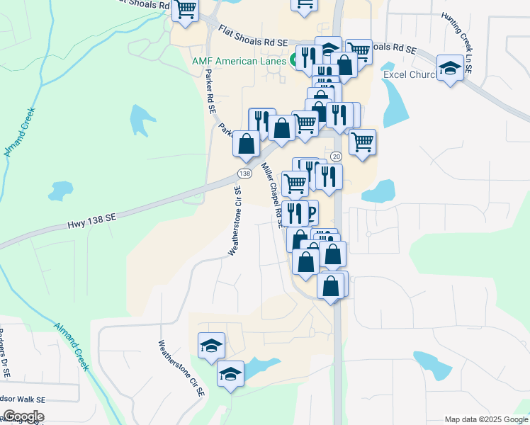 map of restaurants, bars, coffee shops, grocery stores, and more near 2096 Boxwood Circle in Conyers