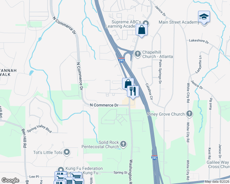 map of restaurants, bars, coffee shops, grocery stores, and more near 3225 Matador Court Southwest in Atlanta