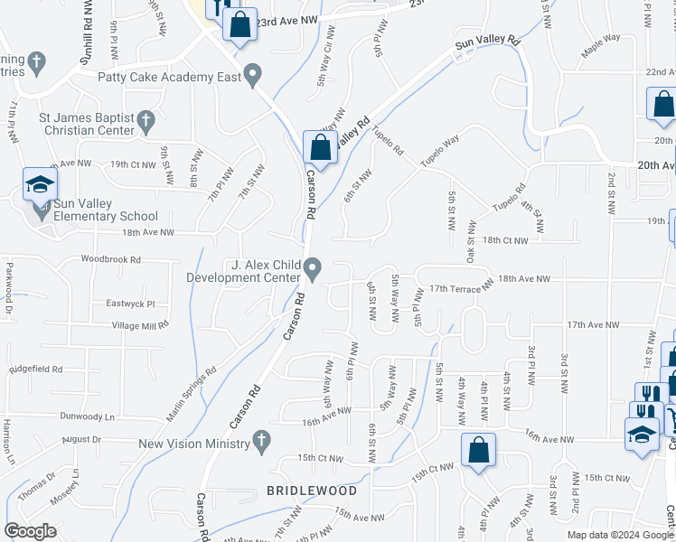 map of restaurants, bars, coffee shops, grocery stores, and more near 1763 6th Place Northwest in Center Point