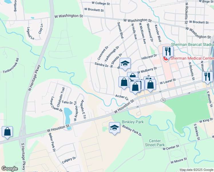 map of restaurants, bars, coffee shops, grocery stores, and more near 1810 Yarborough Drive in Sherman