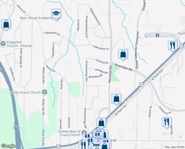 map of restaurants, bars, coffee shops, grocery stores, and more near 2644 Arundel Road in College Park