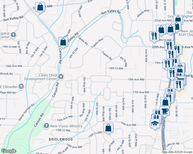map of restaurants, bars, coffee shops, grocery stores, and more near 508 18th Avenue Northwest in Center Point
