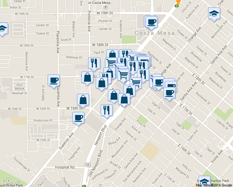 map of restaurants, bars, coffee shops, grocery stores, and more near 126 A East 16th Street in Costa Mesa