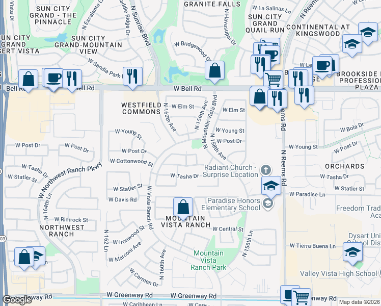 map of restaurants, bars, coffee shops, grocery stores, and more near 16290 North 159th Drive in Surprise