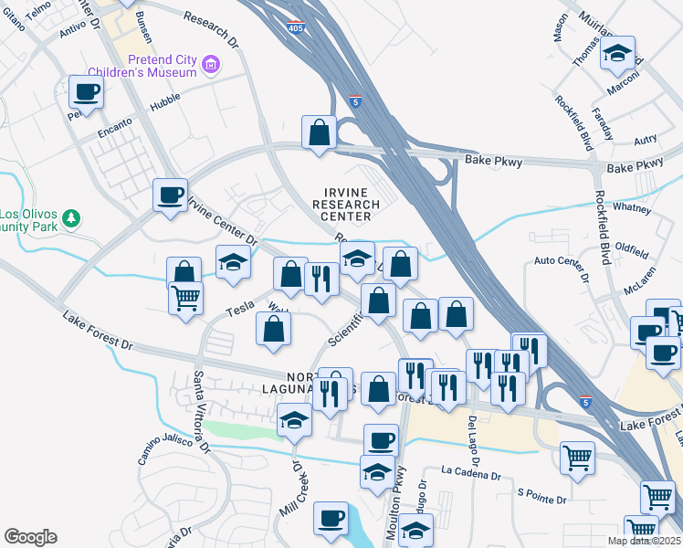 map of restaurants, bars, coffee shops, grocery stores, and more near 9591 Irvine Center Drive in Irvine
