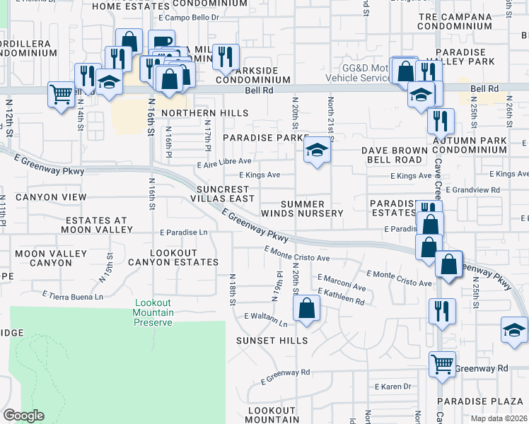 map of restaurants, bars, coffee shops, grocery stores, and more near 1913 East Grandview Road in Phoenix