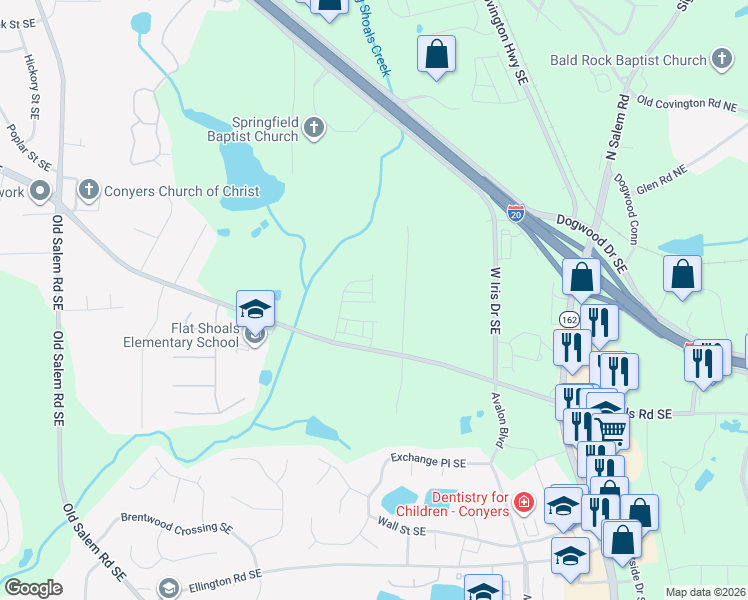 map of restaurants, bars, coffee shops, grocery stores, and more near 1806 Flat Shoals Road Southeast in Conyers