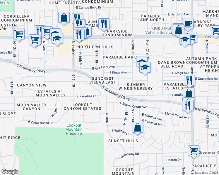 map of restaurants, bars, coffee shops, grocery stores, and more near 1832 East Sandra Terrace in Phoenix