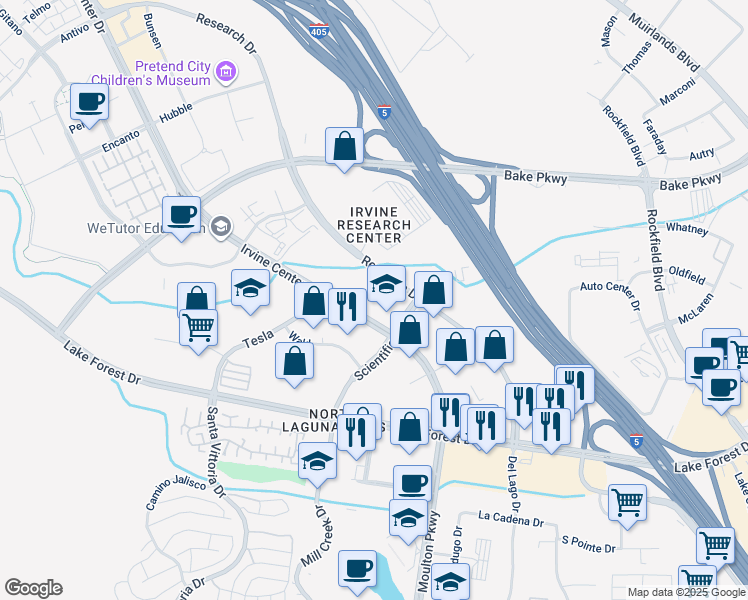 map of restaurants, bars, coffee shops, grocery stores, and more near 9660 Research Drive in Irvine