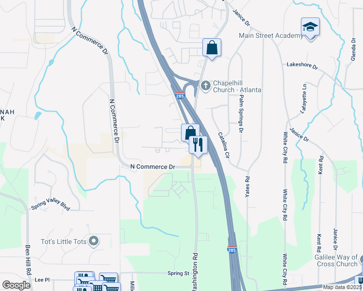 map of restaurants, bars, coffee shops, grocery stores, and more near 4467 South Commerce Drive in Atlanta