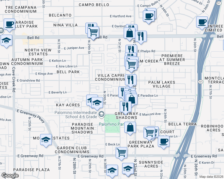 map of restaurants, bars, coffee shops, grocery stores, and more near 16238 North 30th Terrace in Phoenix