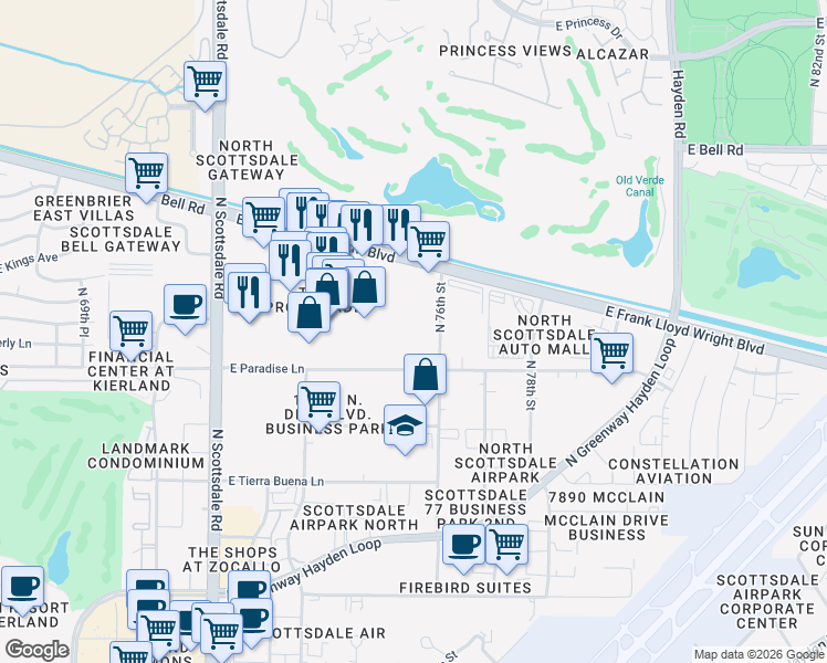 map of restaurants, bars, coffee shops, grocery stores, and more near 16255 North Scottsdale Road in Scottsdale