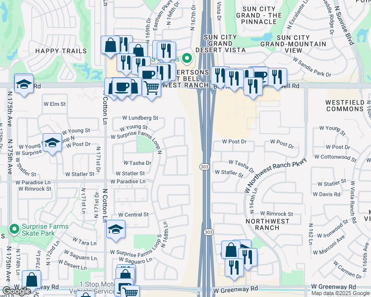 map of restaurants, bars, coffee shops, grocery stores, and more near 16842 West Cottonwood Street in Surprise