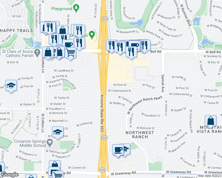 map of restaurants, bars, coffee shops, grocery stores, and more near 16660 West Cottonwood Street in Surprise