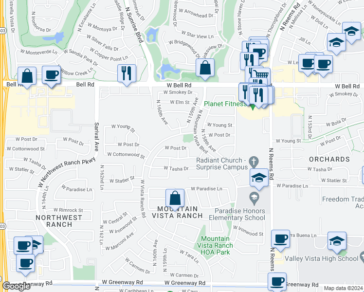 map of restaurants, bars, coffee shops, grocery stores, and more near 16283 North 159th Drive in Surprise