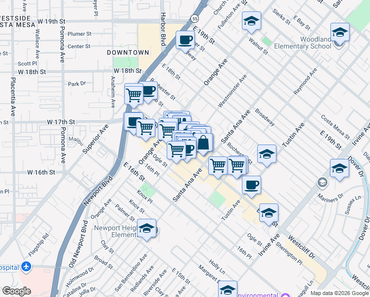 map of restaurants, bars, coffee shops, grocery stores, and more near E 17th St & Westminster Ave in Costa Mesa