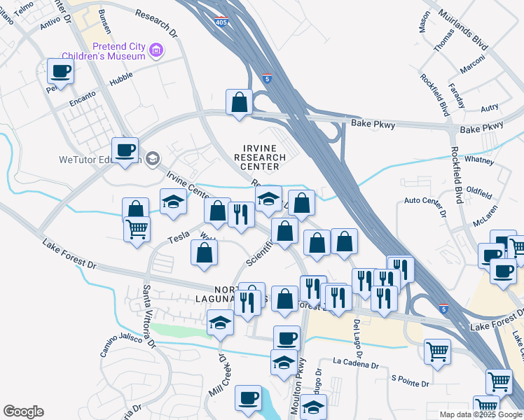 map of restaurants, bars, coffee shops, grocery stores, and more near 9591 Irvine Center Drive in Irvine