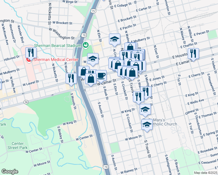 map of restaurants, bars, coffee shops, grocery stores, and more near 316 West Lamar Street in Sherman