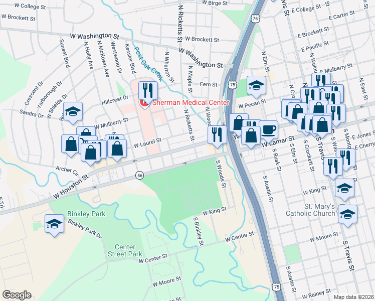 map of restaurants, bars, coffee shops, grocery stores, and more near 834 West Houston Street in Sherman